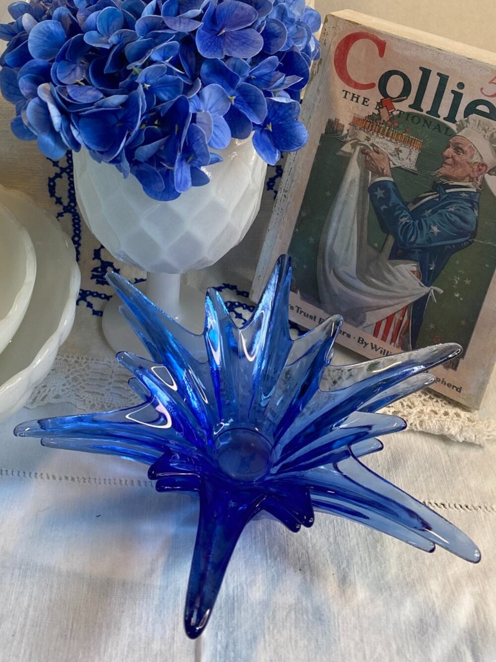 Pair Vintage MCM Atomic Starburst-shaped Cobalt Blue Glass Votive Candle Holders